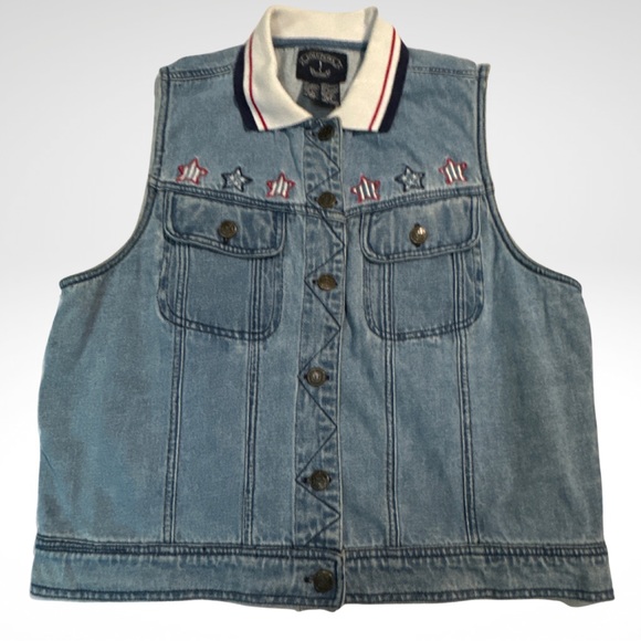 Solutions Embroidered U.S.A. with Stars Patriotic Sleeveless Denim Vest - Picture 1 of 17
